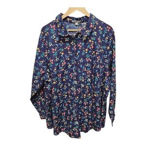 Woman Within 26/28 2X Blue Floral Button Up Long Sleeve Top